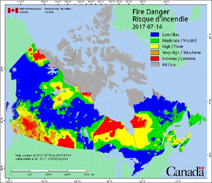Fire Danger is rated as extreme according to this July 14 map produced by the Canadian Wildland Fire Information System